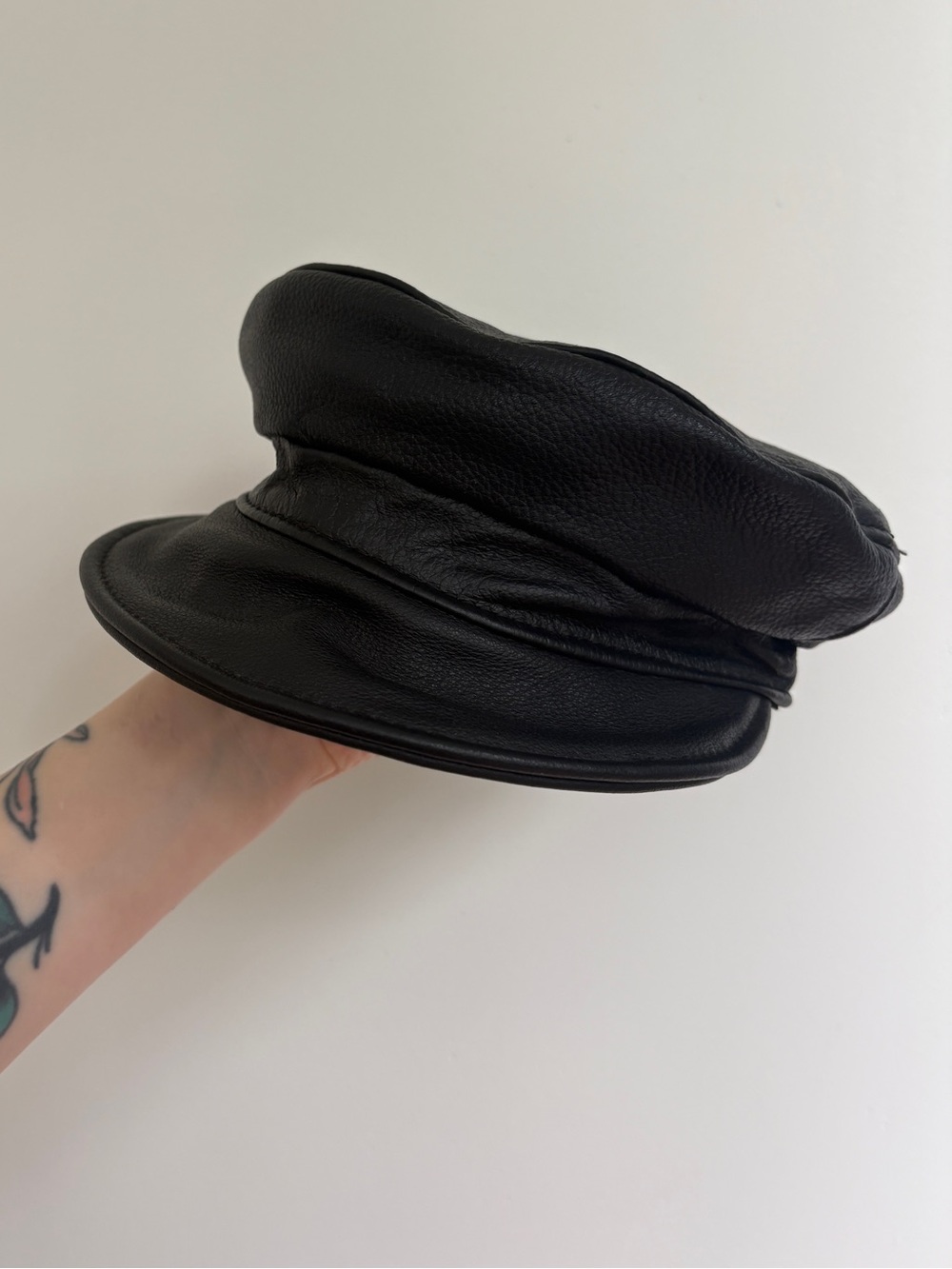 VTG Black Leather Baker Boy Cap